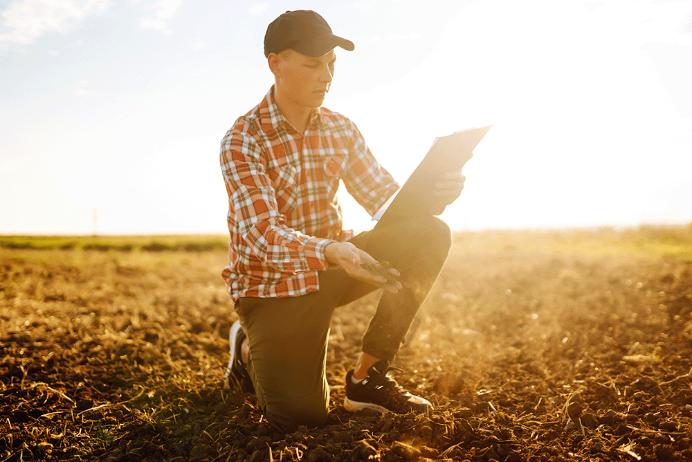 Farmer looking at soil, interpreting results on iPad.